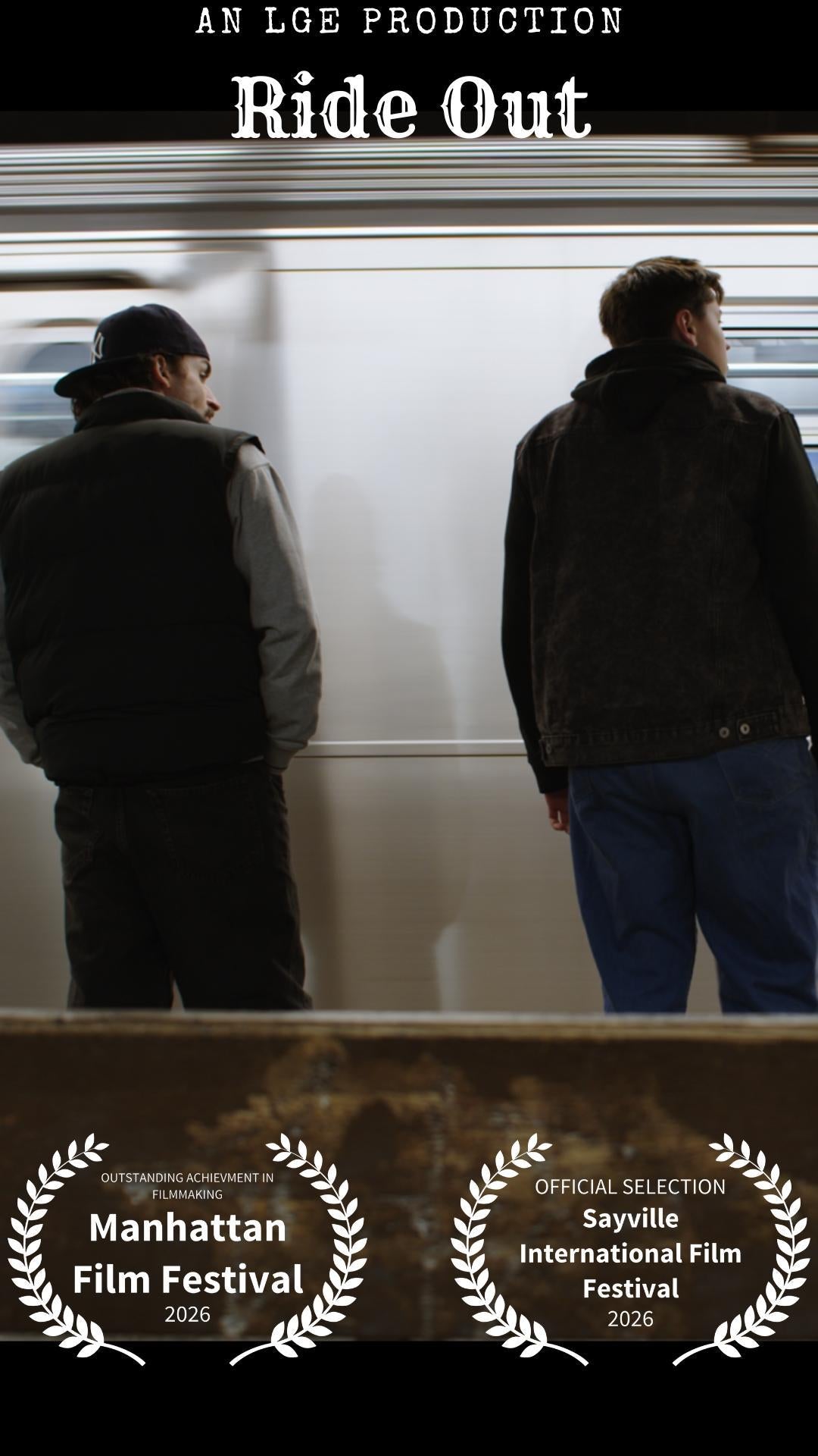 Ride Out poster with two characters beside a passing train and festival laurels.